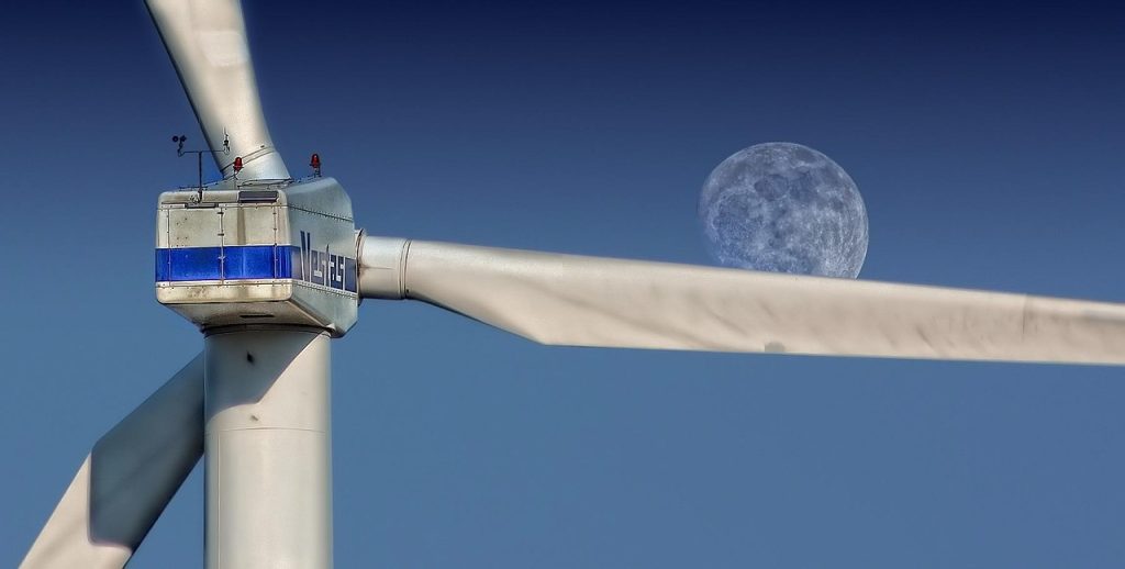 windmill, sky, moon, turbine, wind turbine, wind farm, wind power station, nature, wind power plant, structure, pinwheel, wind energy, night sky, wind power, environmental technology, wind park, renewable energy