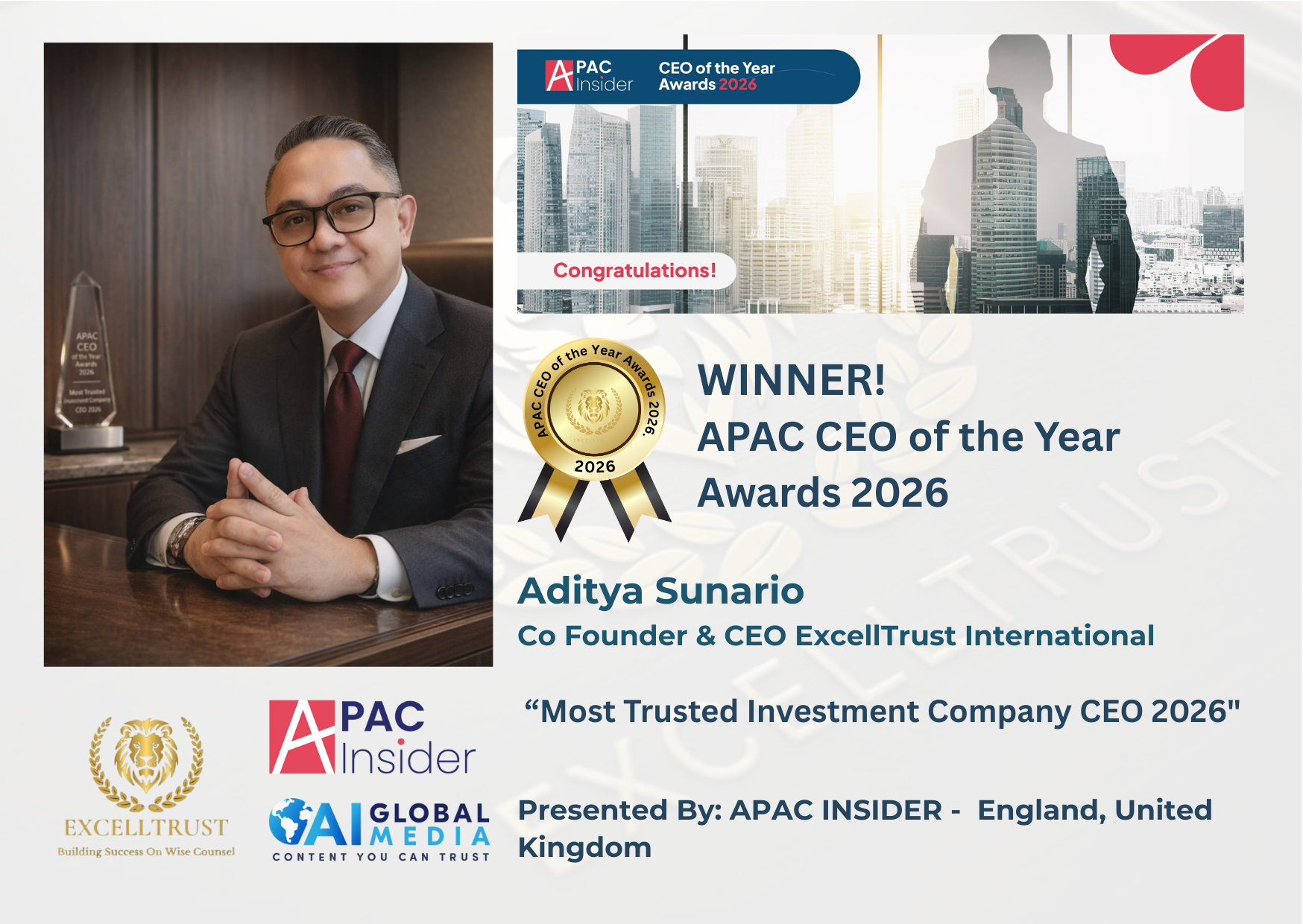 Most Trusted Investment Company CEO 2026 by APAC Insider